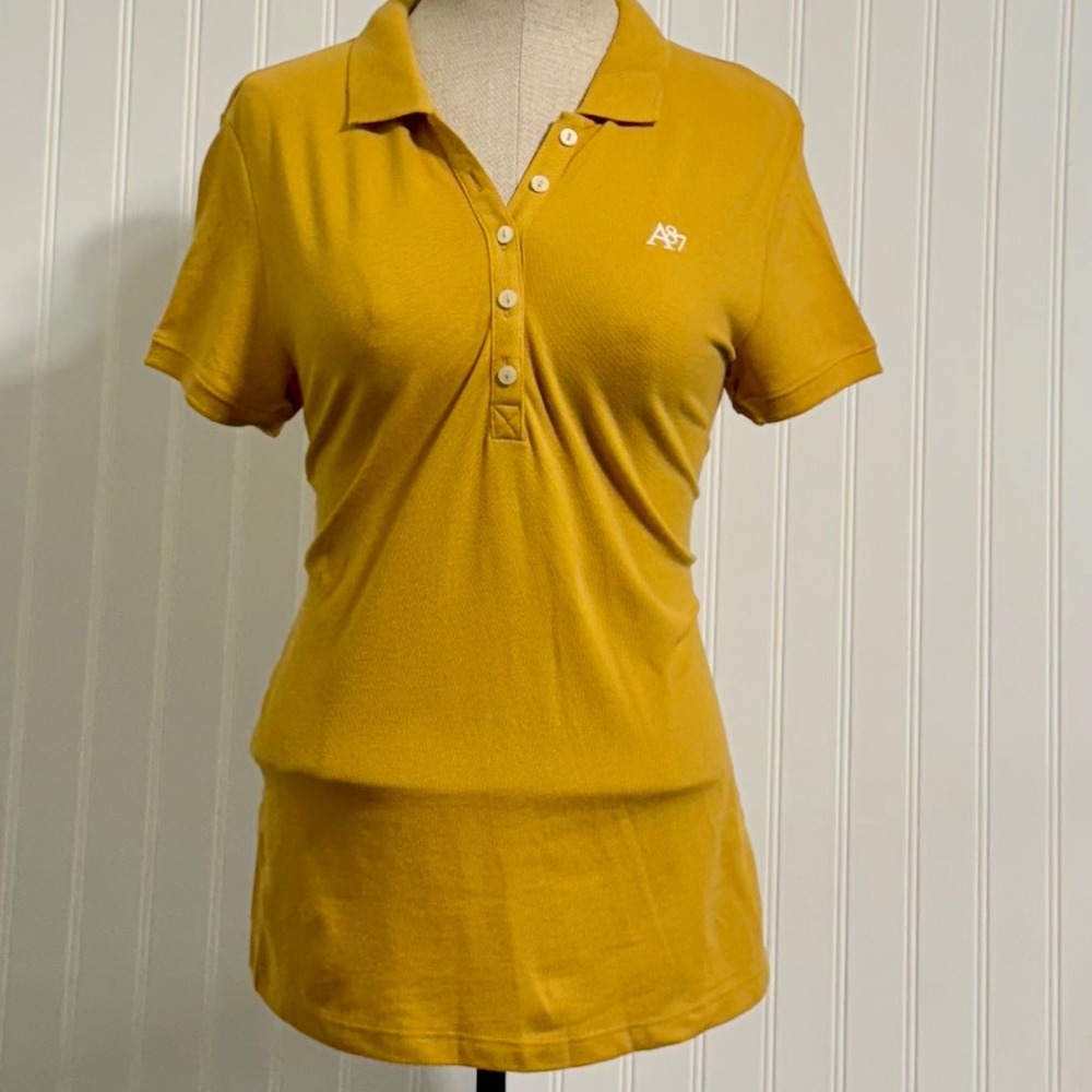 Aeropostale Women's Polo Shirt Mustard Yellow Short Sleeve Stretch Size Large